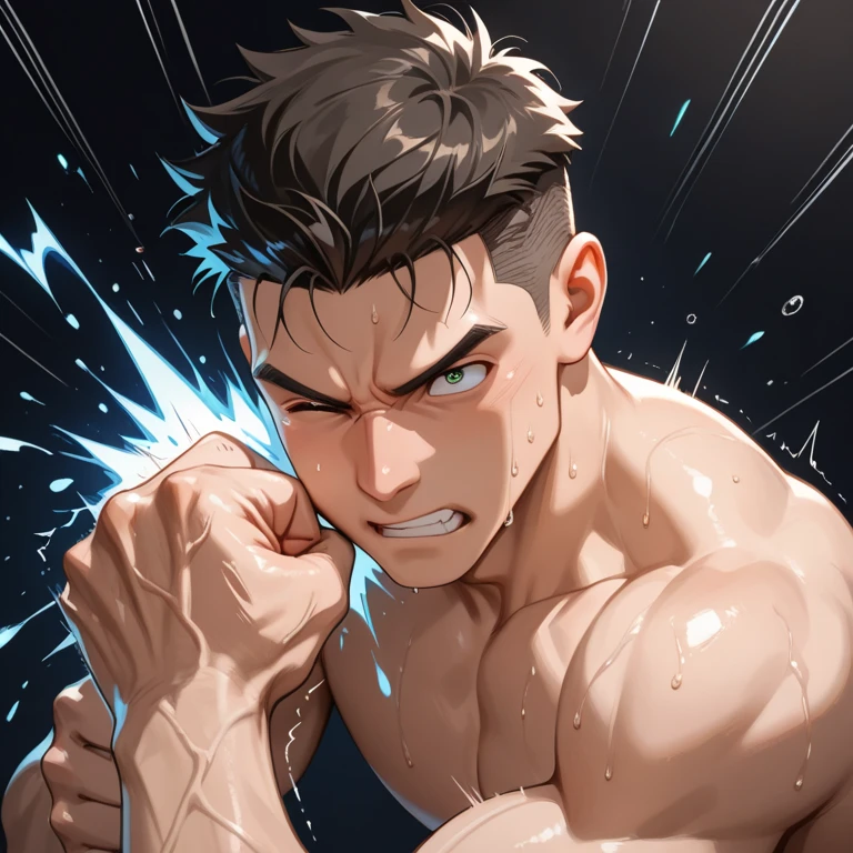 high quality, 8k, detailed, intricate, hyper realistic, cinematic, masterpiece,1 boy, muscular man, shirtless, spiky black hair, intense facial expression, piercing eyes, detailed facial features, highly detailed skin, dynamic pose, action, energy, dynamic motion, manga style, pixiv, anime, digital art, dramatic lighting, chiaroscuro, moody, cinematic