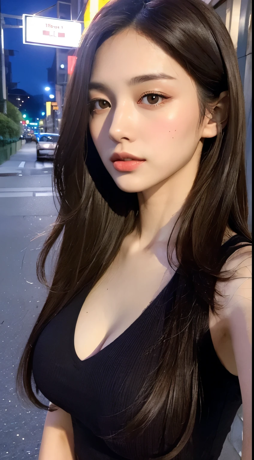 1girl, Tokyo street, night, cityscape, city lights, upper body, big, cleavage, sexy, closeup, 8k, raw photo, highest quality, masterpiece, realistic, photorealistic,