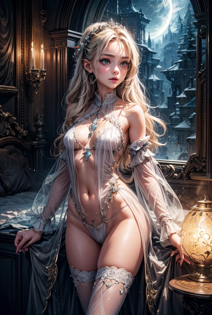 Luis Royo(Luis Royo)stunning masterpiece, beautiful images, The sparkling girl is depicted with the highest level of realism......, natural skin texture. This surreal portrait captures the essence of youth and beauty.........., The girl has intricate details on her arms and legs., You can see the areola.、open your legs.Beautiful woman with a slender body:1.4, Distinct abs:1.4, on the island,ultra fine face,exquisite eyes,Double eyelid w peace((M-shaped legs)), absolute area,(((nude))),((The vagina is exposed))