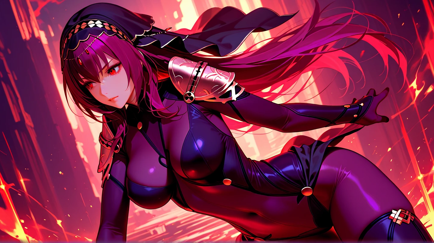 最high quality、best image quality、masterpiece、girl((20-year-old、 By becoming、vest bust、medium bust,wide open breast tea、shining eyes, glowing red hair、long hair、thin,highest valley、black and red suit、Wristband、black gloves、fighting pose、inflammation from the whole body、sharp nails)),high quality、beautiful art、background((inflammation、volcano、magma、eruption、meteorite、bright red sky、firebird))、Flight、debris flies、Depth of written boundary、movie、visual art、perfect art、8K,genuine、