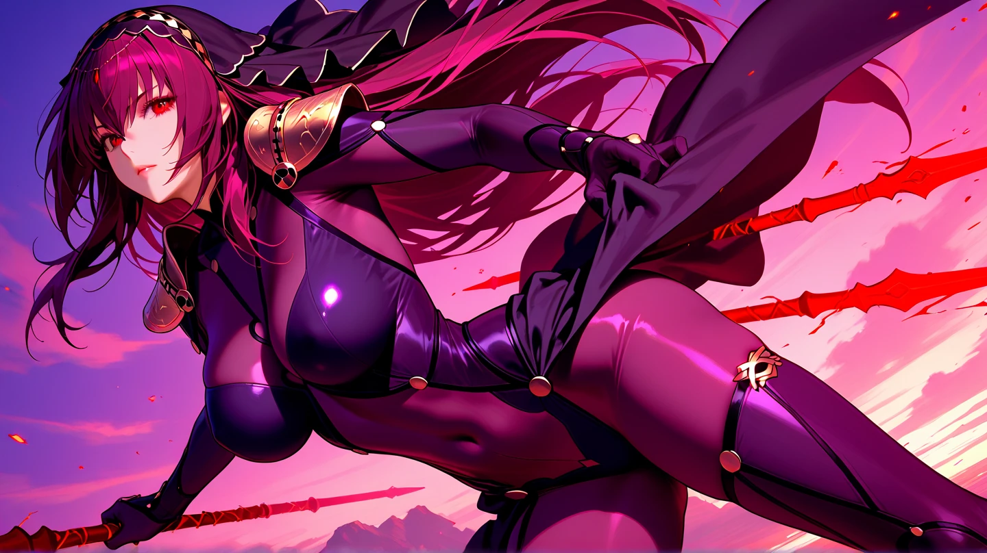 (highres, high quality:1.2), intricate details, cinematic lighting, sharp focus, depth of field, Ingrid, 1girl, mature female, (dark-skinned female:1.1), dark skin, ((close-up face)), (looking at viewer, cityscape, night, city light, determined, pink red hair, very long hair, hair intakes, makeup, lipstick, (mole under mouth:0.8), eyelashes, yellow eyes, detailed face, helloutfit, red cape, black (turtleneck:1.1), (underboob:1.1), black elbow gloves, (coattails:1.1), revealing clothes, center opening, (multicolored clothes:1.1) midriff, natural large breasts,