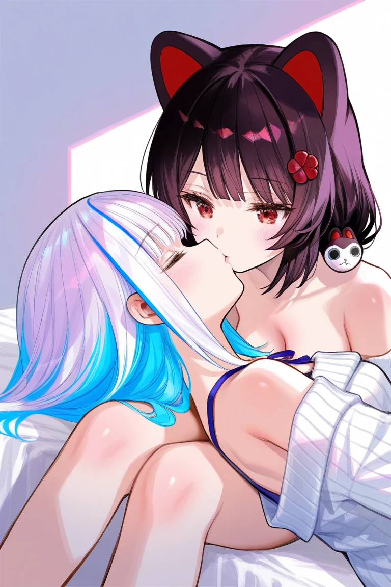 2girls、nightcity、Great body、Great legs、Comes a cardigan over a bra、A dark-haired、Holding a weapon with blood on it、Cherry blossoms are dancing、Being touched in the crotch while sitting with your legs up、Put your hands behind your back、poneyTail、Niō Standing、Holding a knife、Pointed mouth、Ordinary girl、Stick out the body、I'm wearing cute panties、Both are kissing、Touching the body、Licking each other、Kissing