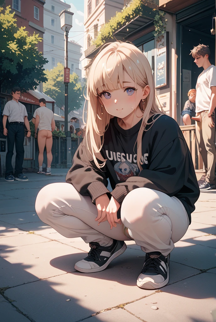squatting,open legs、Legs2Book、Pussy、M-shaped legs、Spread your legs、sit on the step、In town、bustling street、cap、Shoulder bag、mini skirt、Private Server、Girl、Girl、Younger、Baby Face、flat chest、forehead、Dynamic Angle、I am going to cry、ground