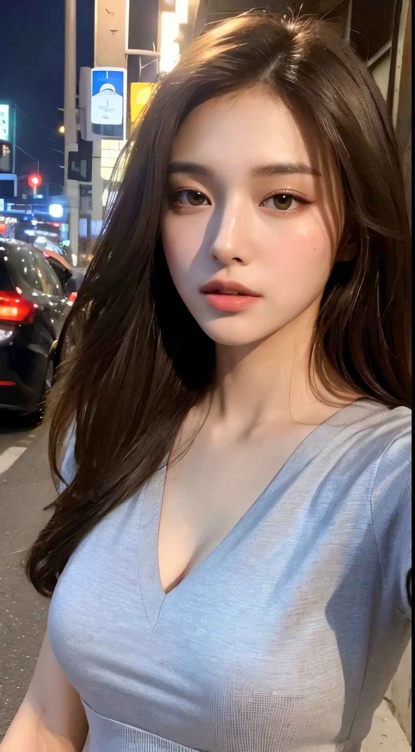 ((Midnight, Best quality, 8k, Masterpiece :1.3)), Whole body, Long legs, Sharp focus :1.2, A pretty woman with perfect figure :1.4, Slender abs :1.1, ((Dark brown hair,Gigantic breasts :1.5)), (White tight tshirt, Jean bib, Standing:1.2), ((Night city view, Rooftop:1.3)), Highly detailed face and skin texture, Detailed eyes, Double eyelid