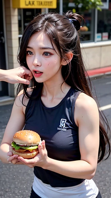 ((Highest quality)), ((masterpiece)), (Realistic details,Tabletop:1.0,High resolution:1.2,Realistic:1.4,8K, RAW Photos:1.2),(A half-Japanese, half-American woman with a realistic body type and very small breasts:1.25), (Close your mouth:1.3smile:1.25),Beautiful, symmetrical blue eyes:1.22,A simple and beautiful idol face of a 28-year-old with light makeup:1.2,((Beautiful bright blonde twin tails:1.3)),Thin, slightly pale blonde eyebrows,(Detailed fair skin:1.22),((Frontal head to knee shot:1.2,Carrying a tray of burgers and fries in both hands:1.38)),Spotlight from below:1.23,(((The background is an American burger restaurant with a pop color scheme:1.4))),((A super tight sports bra with a digitally printed American flag that fits very small breasts:1.32,Super tight blue and red digitally printed leggings with a flashy American flag design:1.4)),((Very small breasts:1.92)), ((A very slender, well-trained body:1.65)),((Fine abdominal muscles:1.66)),(Short torso:1.3),(Broad shoulders:1.3),(Narrow waist:1.3),(Trained little buttocks:1.23),(Muscular limbs:1.3),(Very thin thighs:1.57),(The hip bones are visible:1.25),(Central composition with the body facing forward:1.4)
