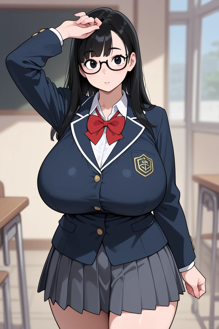 (background bokeh:1.3)、(library)、Super detailed illustrations、Super precise expression、masterpiece、highest quality、ultra High resolution、High resolution、Support your chest with your arms、(big breasts、Sweat、body fluid、shiny skin:1.4)、(black hair、long hair、Braid、Glasses、Patsun bangs)、(embarrassed face:1.5)、Standing picture、(sailor suit, Navy blue miniskirt,knee socks), (Mommyfy)、