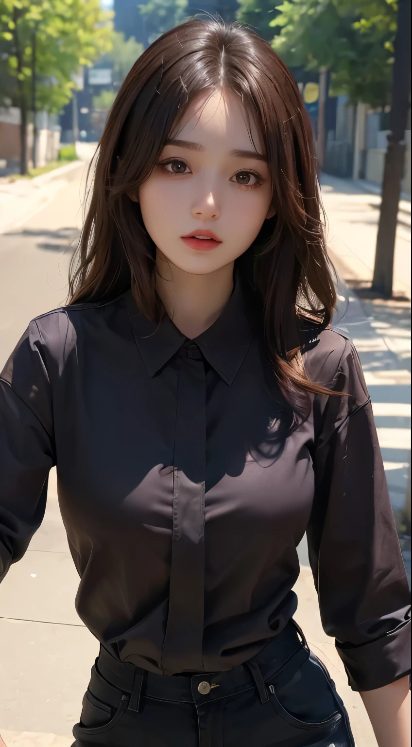 ((top quality, 8k, masterpiece: 1.3)), sensual woman, 1 girl, (slender figure: 1.2), dark brown hair, (outdoor, shirt, shorts: 1.1), ultra detailed face, detailed lips, detailed eyes, double eyelids, (perfect body)