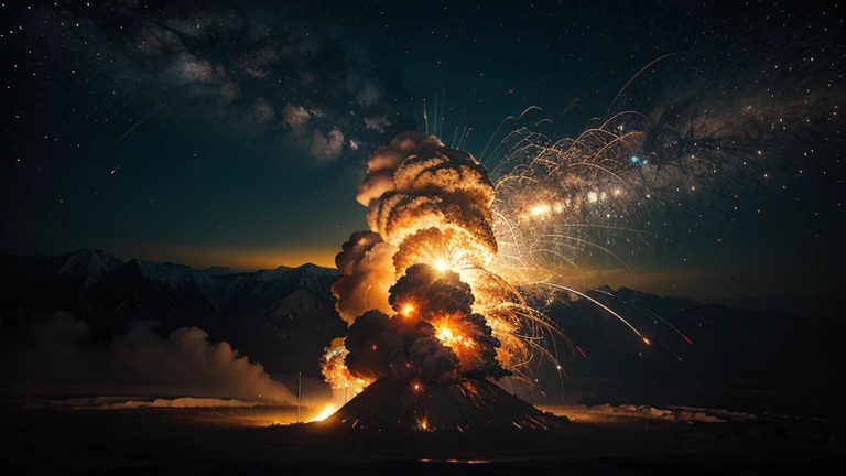 Maximalism, Cinematic lighting, hdr, 8K high definition, Spectacular volcanic eruptions under the night sky