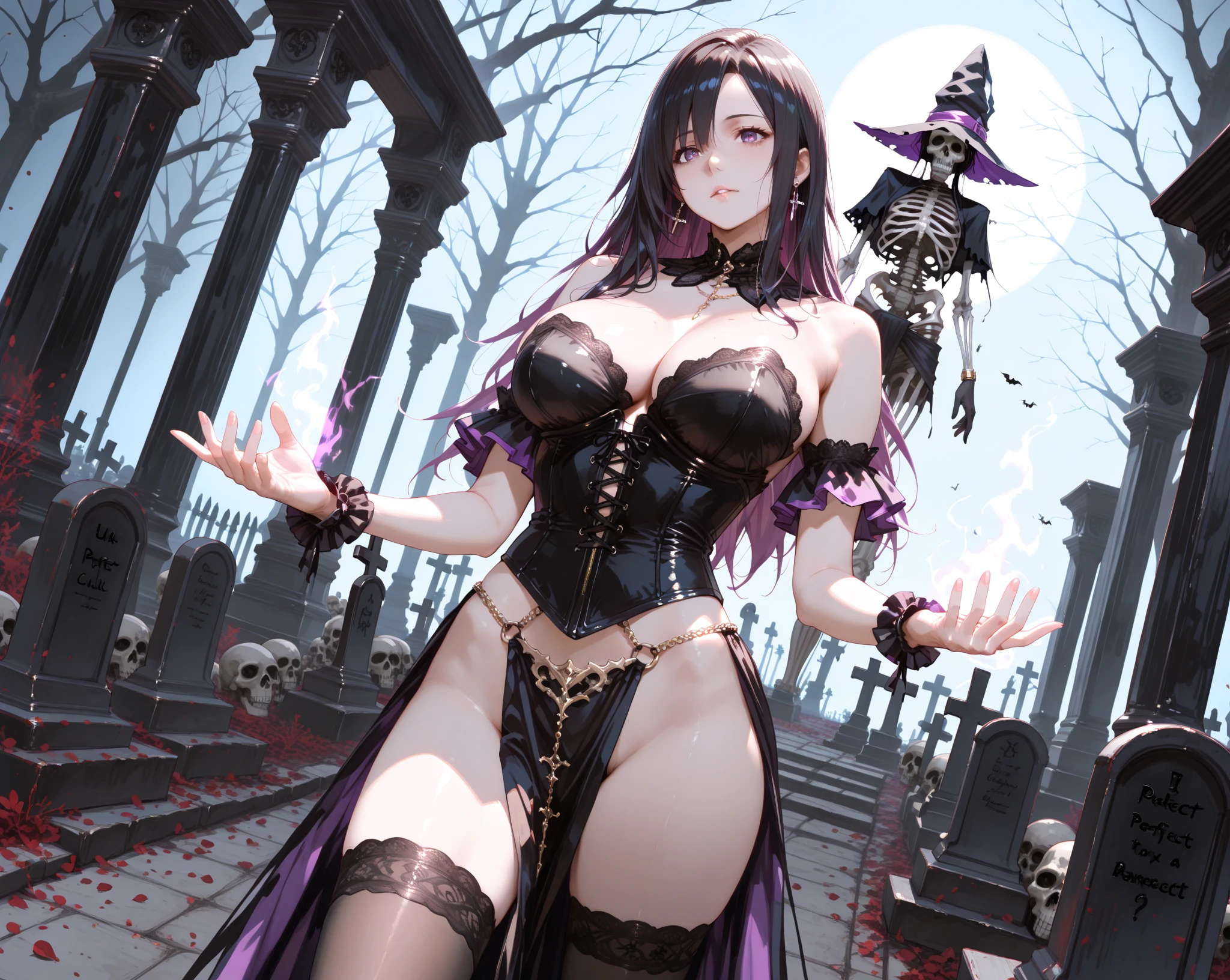 ((Masterpiece)), (high resolution:1.4), (standing:1.2), (dinamic pose:1.4), lilith aensland, violet hair, looking at viewer, beautifull smile, graveyard at night background, dark castle outside, beautiful face, highly detailed skin, skin pores, (highly detailed face:1.1), (highly detailed eyes:1.1), realistic pupils, full face blush, full lips, (perfect anatomy:1.1), (perfect proportions:1.1), (photography:1.1), (photorealistic:1.1), volumetric lighting, dynamic lighting, real shadows, (highres:1.1), sharp focus, (realistic, hyperrealistic:1.4), intricate, high detail, dramatic, subsurface scattering, big depth of field, vivid, polished, sharpened, ((full Sharp)), (extremely absurdres),16k hdr,