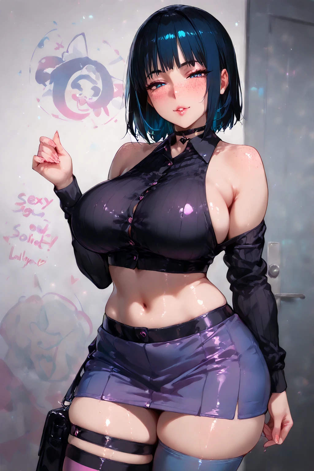 1 girl, One, Upper body,
blue hair, short hair,
Red eyes, long eyelashes, Thick eyelashes, Looking at the viewer, smiles flirtatiously, big lips, lush breasts, big tits nuclear dress, black sexy polo shirt with cut out chest, black border, simple background, flirts, with a scroll in hand