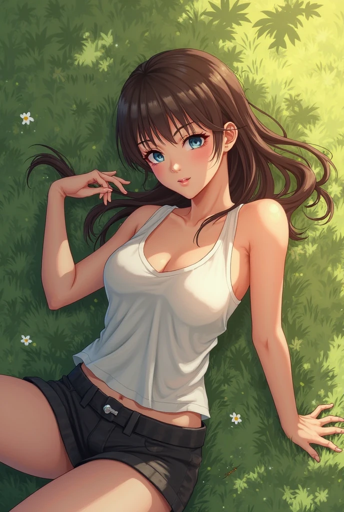 (melhor qualidade,4K,high resolution,obra de arte:1.2),super detalhado, Cena ao ar livre com 1girl, cabelo loiro, cabelo longo e encaracolado, olhos cinzentos, and medium breasts. A garota da jaqueta branca, colarinho, tank top and jeans. A cena se passa em um belo jardim,flores desabrocham,The grass is lush. The sun casts a warm glow on the girl'cara,Ilumina o ambiente. cores brilhantes,Textura rica, Crie imagens visualmente impressionantes, (seduzir sorriso), looking at the audience