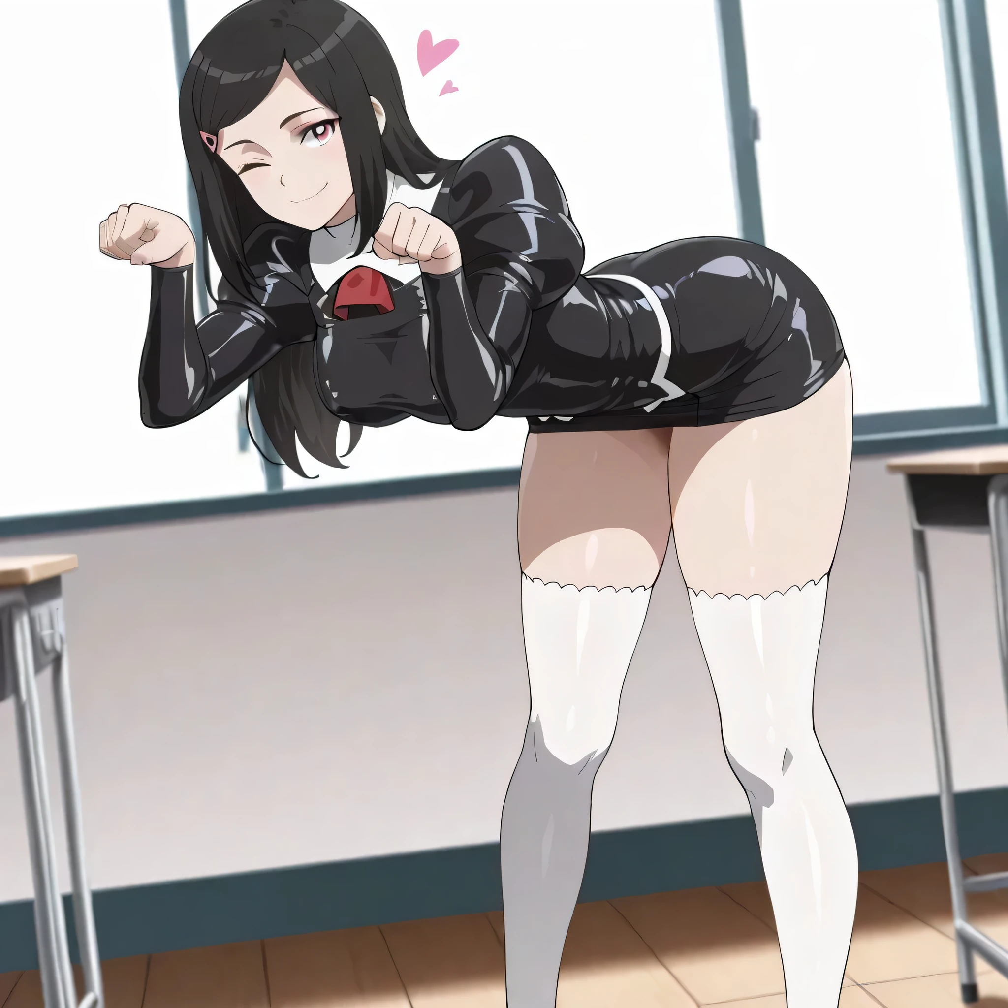 chica estilo anime 1,70 pelo largo gris claro piel gris dientes de tiburón y ojos grises y pupilas gris claro piernas muy gruesas y fuertes muslos gruesos, but wÉlhout breasts (Él's pecho plano) posing to see her clothes in a classroom while wearing a very long black hooded cape that trails on the ground wÉlh the hood up a full body leotard wÉlh black boots ( brazos y piernas deben estar cubiertos )