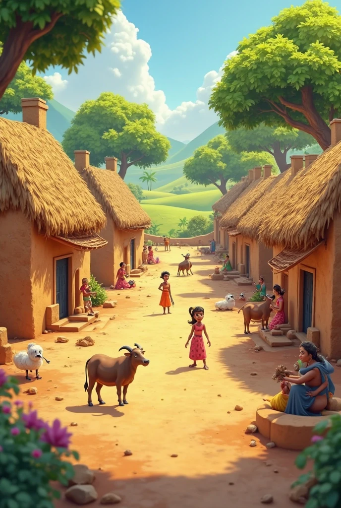 Village View: A small Indian village scene with mud houses, lush green fields and children playing