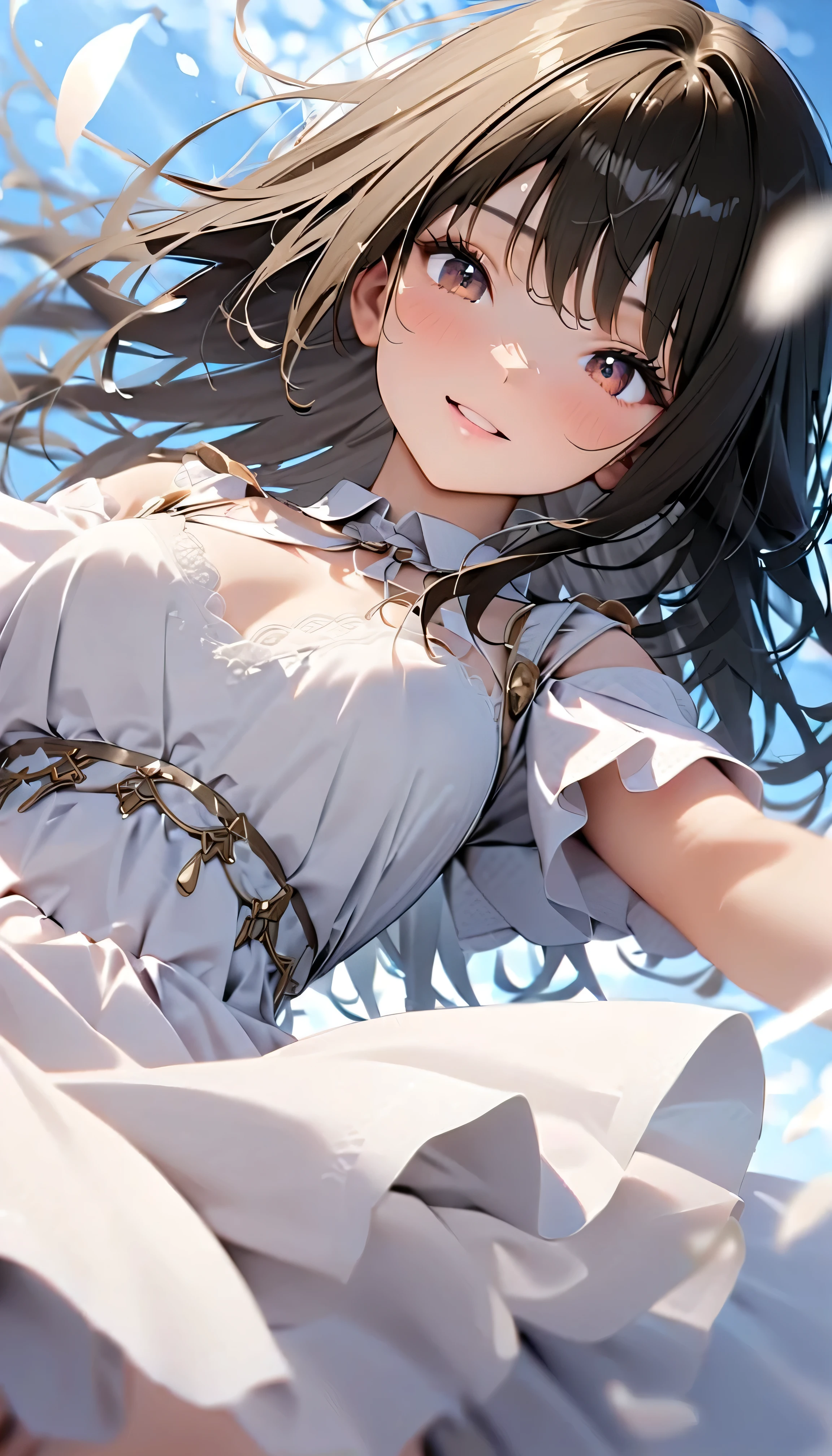 (Highest Quality:1.2, 非常にdetailsな, newest, Highest Quality, Best Aesthetics), 8K Ultra HD, 非常にdetailsな, details, bold configuration, (perfect human structure), beautiful and very delicate texture, (masterpiece:1.2, Highest Quality, Best Aesthetics, wind), (white petals dance:1.2, fantastic blue sky background:1.4), (shallow depth of field:2), windでwhite petals dance, delicate and dynamic, (Light reflection:1.2), (Halation of light:1.2), Romantic and sweet style, コンセプトアートwind, Blessed Virgin Mary white dress, bright light, Beautiful World, New World, accurate, dynamic angle, angel, 1 woman, upper body shot, black hair, dark eyes, young, short, textured skin, shiny skin, charming smile, Girl Beauty , Miraculous Beauty Symbol, ((( white dress with lavish embellishments:1.2))), 2.5d, realistic