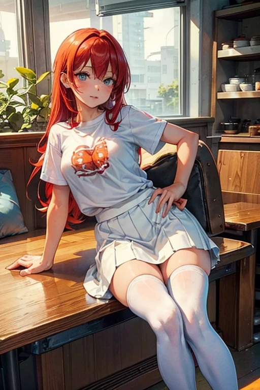 masterpiece, best quality,  <lora:inase_kohane-10:0.7>, inasekohane_tk, 1girl, solo, long hair, breasts, looking at viewer, blush, smile, blue eyes, skirt, large breasts, navel, sitting, school uniform, ponytail, red hair, food, serafuku, choker, midriff, chair, bento, indoors, window, sky, <lora:LowRA:0.6>