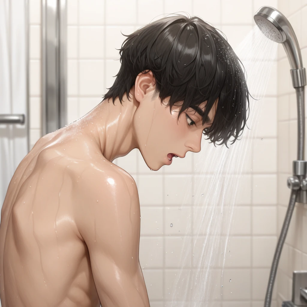 (absurdity, a high resolution, ultra detailed), masterpiece, 19 year old boy wearing a towel around his waist, One, Beautiful, short hair, Brown eyes, fine eye, detailed face, (forehead), ???????, bathroom, dimly lit bathroom background, Full body view, Couple, from the outside, look at the viewer, thick fog