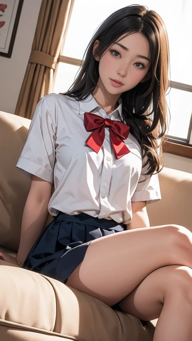 (1 girl, highly detailed girl, solo, , teenager, skinny body, highly detailed face, BIBE, short hair), extremely detailed CG unified 8k wallpaper, highly detailed, raw color photos, professional photography, Realistic, (slender, cleavage:0.8), ((wearing school uniform with open chest:1.45)), (looking at viewer, embarrassed:1.6, ashamed expression:1.45, sleepy-eyed:1.2, bashful, upturned eyes, flustered, open mouth), pleated skirt, bedroom,(from above lying on her back, head on a pillow, spread open legs, highthigh, black stockings, cameltoe:0.8, full body)
