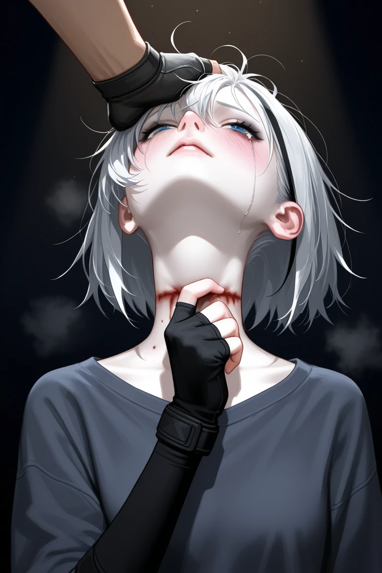 white hair, flat chest, young, nude, chained up, bruises, injuries, blood, scars, ball gag in mouth, blindfold covering both eyes, spread limbs
