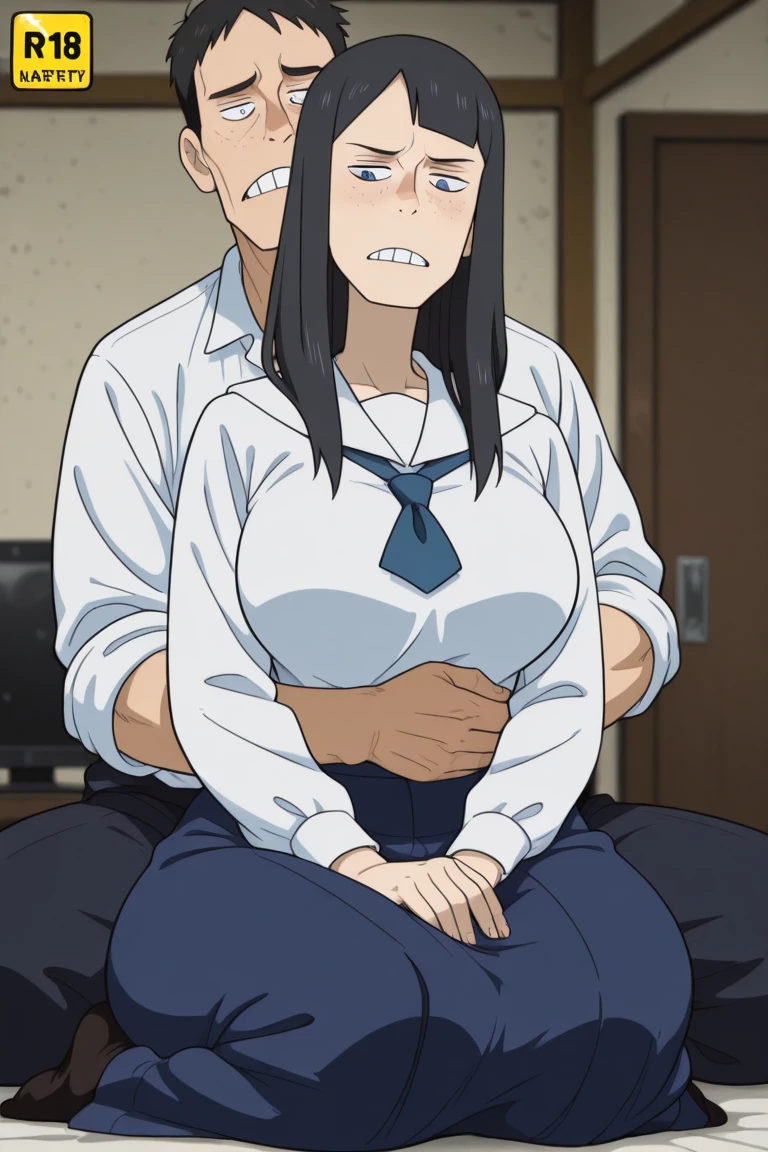 masterpiece, Best quality (4K). Place: Japanese language lesson in Tokyo, Modern style. action: Japanese woman has sex in cowgirl position. Description: no skirt, practically naked, the only clothing is a completely unbuttoned Japanese top , So, that you can see breasts, sitting on a guy's dick, Medium breasts, Big hips, wide pelvis, shoulder length blond hair. Девочка sitting on a guy's dick в позе наездницы. Fluid leaks from the vagina. Facial expression - orgasm. High detail of hands, legs, Genitals. The guy has a big body.