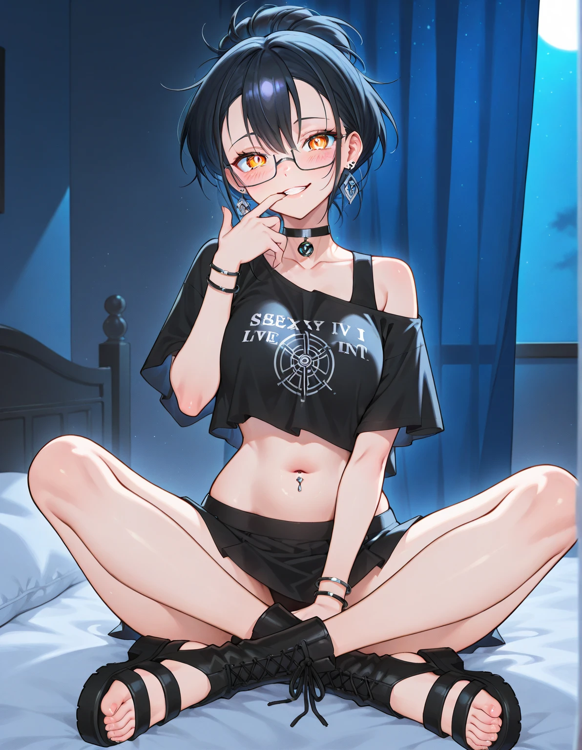 whole body, solo, alone, delicate facial features, medium tits, medium hair, black hair, tearful mole, earring, tracksuit, shorts, bed,