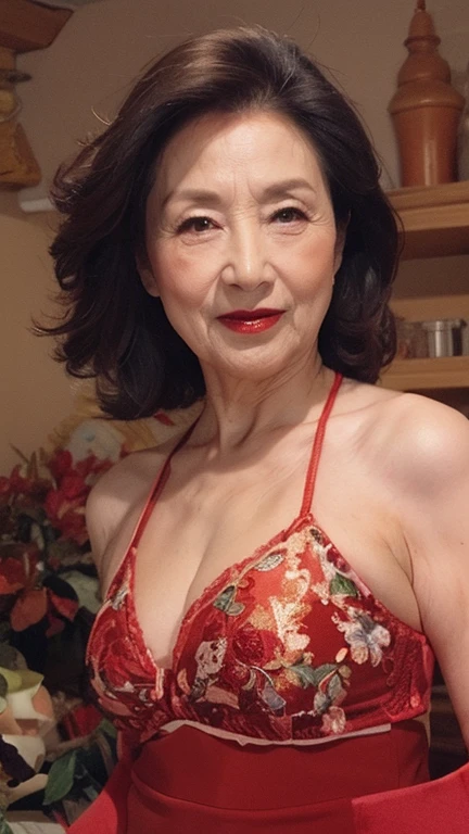 ((elderly Mature Woman)), ((concentrate)), (Full body image)(Beautiful woman), (news),Red Lingerie, gravure, Depict lips accurately, Red lipstick,Red Lingerie, senior citizen,Mature Woman, Flashy face, highest quality, super high quality, Realistic, ultra high density skin, Perfect description, (1 Japanese Mature Woman), (erotic), 100 years old, Big Breasts, charm, Glamour, sexy, Pure white skin, Looking at the audience,