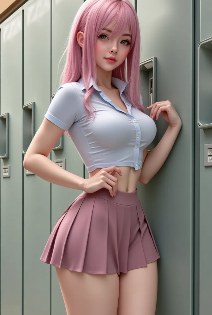 (Masterpiece, best quality, 1 girl, alone, complicated details, Chromatic aberration), realistic, ((Moderate breath)),long hair, pink hair, Red headpiece, Pink Highlights, hair on one eye,purple eyes, earring, sharp eyes, choker, Neon coat, She wears a collar, bangle, and kimono style garters., crop top, (symmetrical eyes),(Perfect symmetrical body),against the wall, Brick wall, (colorful graffiti words on the wall:1.2), The light is dim., alley ,Look at the viewer.、Dig the chest、smile、(sleeveless、Navel touch、Fitted turtleneck.)、street string hot pants、Thin bottom、Please build above the eaves..、Thin shoulders、High resolution、High resolution、in 8K、RAWphotographgraphy、Highest quality、masterpiece、Tabletop、erotic、student、Light green Bra,White skin,knees,(Skin-colored pantyhose),Detailed Panty Pattern、Panty Focus、Pink Panties、absurdes,Small face、Big Breasts、Part the front hair from the middle、The forehead is visible,(Cold look<Squinting my eyes,Glare,strong,Light anger)、masterpiece,Highest quality、超High resolution,RAWphotograph,only,Beautiful poop,one person, one personで,Dark look,Small breasts,whole body、very nice、ＪＫ ,high school girl,Japanese women,Are standing,（Realistic：1.37）、Photon Mapping,Light blue ribbon,Realistic、Cute Face,Brown eye、Black socks、22 years old、(Red bow tie)、Radio City、Physics-based only dulling、prospect、Written boundary depth、Blurred Background、photograph,girl、body,Beautiful legs, Long legs, Thin legs,Long Bob Cut,(I can see the front hair), hair, lips, green_eye, Nose Soft,(Light blue shirt), (Navy Pleated Skirt), I can see the knees,See-through clothing,, thigh, black cotton socks,Nogizaka Idol, , Japanese Ido、Sparkling eyes、Glossy lipasterpiece, highest quality:1.2), 8K, young beautiful girl, 85mm,Official AR RAW Photos, baby face、big breasts、show me your ears、photo shoot, cute face, thighs, After school classroom, looking at the viewer, embarrassing、smile、no makeup, film grain, chromatic aberration, sharp focus, face light, clear lighting, Ten 