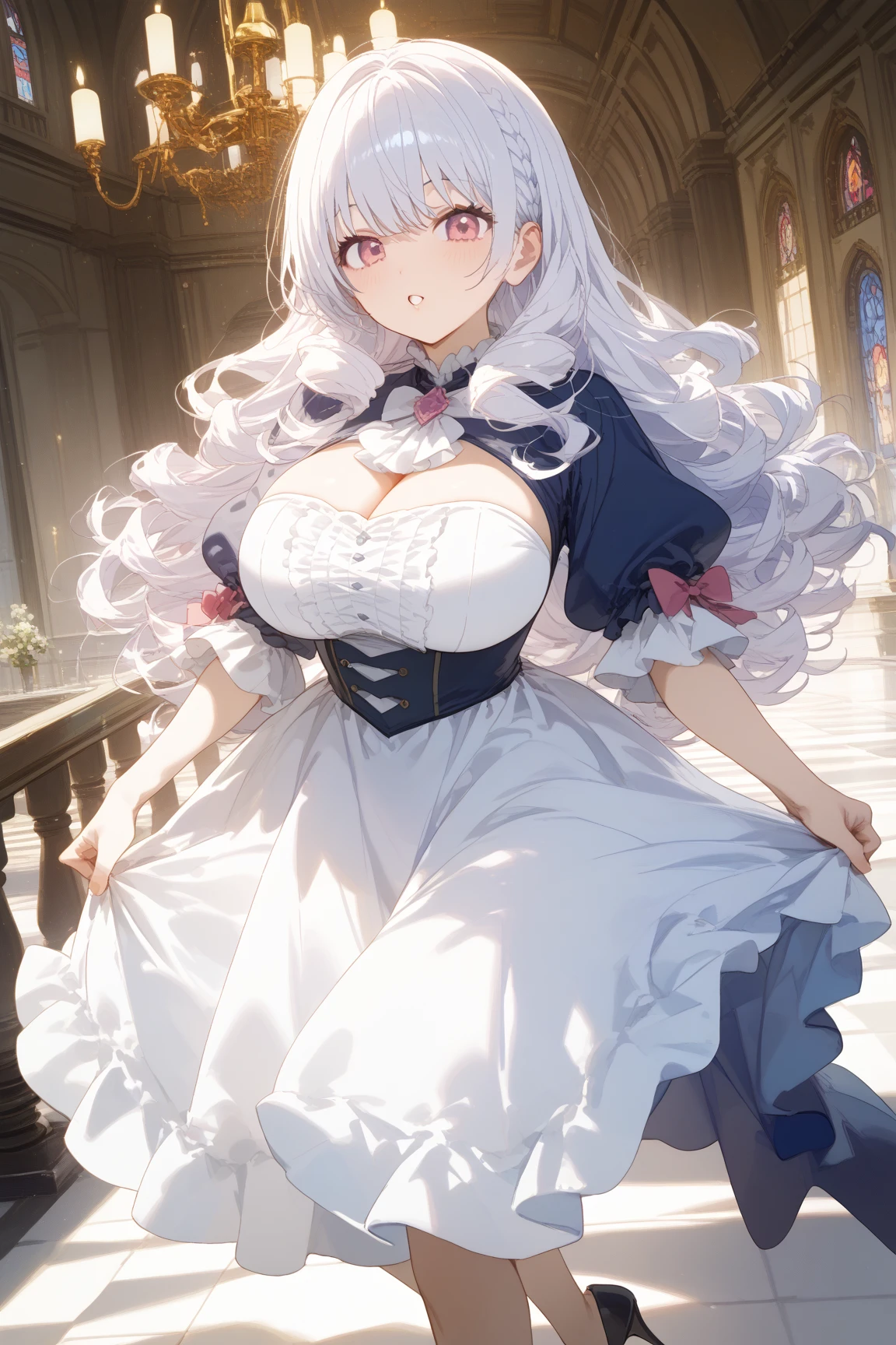 {{{{masterpiece, realistic, extremely detailed, intricate details, sharp focus, 8K, highres, depth of field, absurdres, high quality facial shadowing, dynamic shadowing, cinematic lighting, perfect lighting}}}}, best quality, asian qualities, {facing viewer}, {hands behind back}, {solo}, beautiful young girl, {{{extremely detailed girl, perfect anatomy, perfect body}}}, {{{beautiful-detailed luscious hip-length vibrant white hair}}}, {{{luscious multi-layered hair}}}, {{{black cat ears}}}, {{beautiful-detailed facial structure}}, {{detailed beautiful face}}, {{detailed face:1.33}}, {{beautiful-detailed eyes}}, big eyes, {{{{detailed ruby red eyes}}}}, {{{{high-detailed sharp clear unclouded black cat eye pupils}}}}, {{{{vibrant eye colors}}}}, small boobs, {{slim arms}}, {{{{beautiful-detailed fingers}}}}, {{slim waist}}, {{{{beautiful-detailed white fluffy cat tail}}}}, {{slim cat tail}}, {{thick thighs}}, {{{detailed legs}}}, {{{blushing}}}, {{cute shy expression}}, {{{embarrassed}}}, fashion, {{{simple-detailed vibrant blue sapphire gem choker}}}, summer school uniform, {{{{detailed white school short shirt}}}}, {{{beautiful-detailed ice blue bow ribbon}}}, {{{detailed black plain mini-skirt}}}, {{{beautiful-detailed knee warmer socks}}}, {{{wearing brown leather school shoes}}}, {{{standing in an old school building holding a knife with blood splattered on the knife and wall}}}, {enhanced background}, {{moonlight shining through the window}}