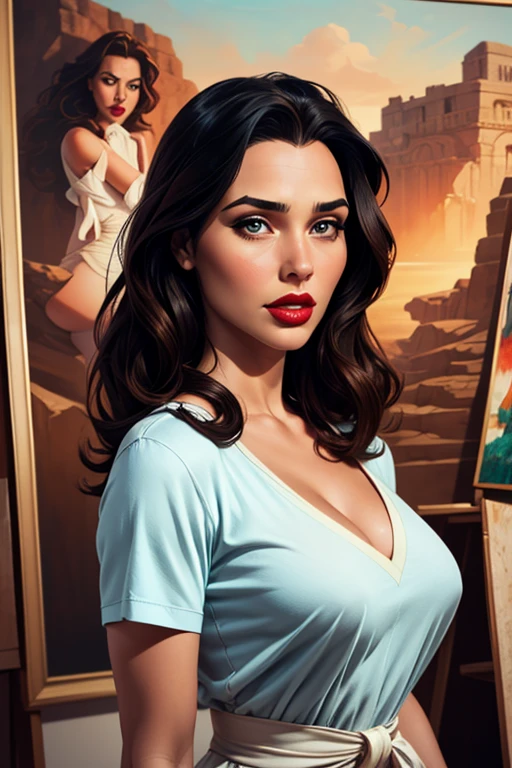 seductive, extremely attractive 30 year old woman, perfect, model body, medium breasts, short wavy brown hair, partially covered by a light semi-transparent canvas fabric, posing standing in a mythological setting of ancient Greece, upper body, dutch angle, background: ancient Greek domus with ocean view, night light, bright lighting coming from torches on the columns,