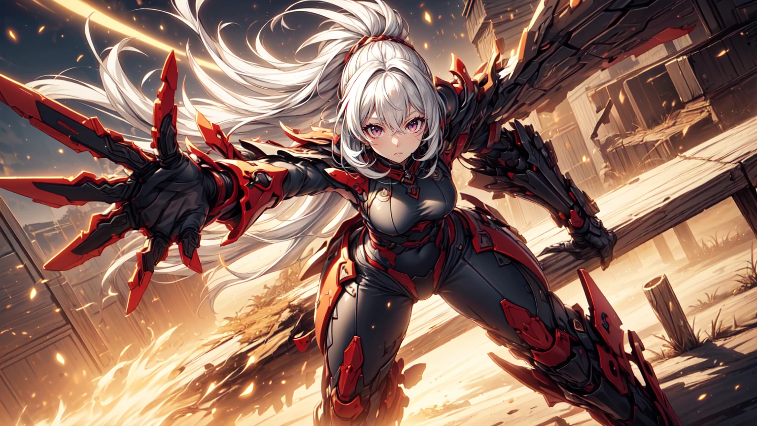 (Masterpiece, Top Quality), (Fine Hair), Ultra-Detailed, Anime Style, Solo, Full Length, Concept Art, Cyber grappler Girl, Ash-Gray Hair and Yellow Eyes, Body-Fitting Thin High-Tech Suit and Red Scarf, Face Exposed Cyber Headgear, Huge Gauntlets, fighting Pose, supernatural red and black flames, wearing huge mechanical boots, White background, standing full length, Digital painting, standing on burnt earth, ((Senki Zesshou Symphogear))  