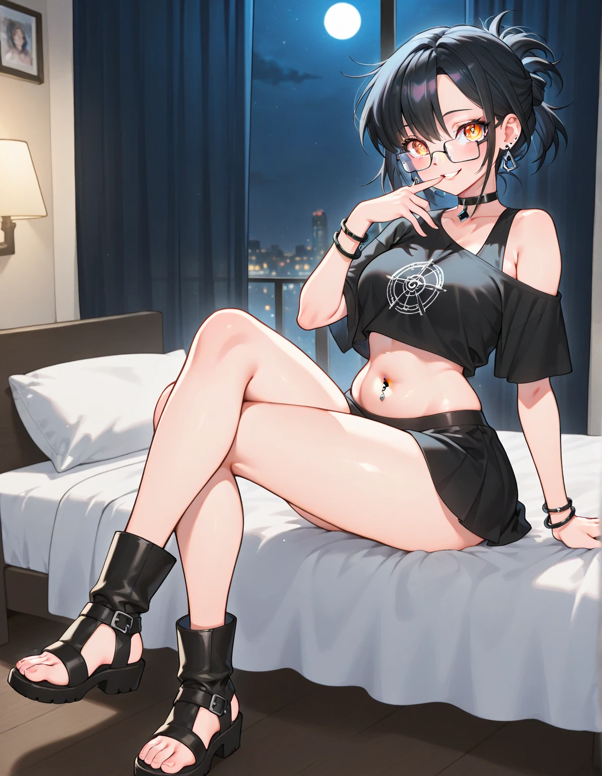 Woman, skinny fit and toned body, thick breasts, cleavage, straight short brown hair with bangs, circle glasses, skimpy tank top bra, string thong, choker, sexy lounging pose, soft smile, blushing