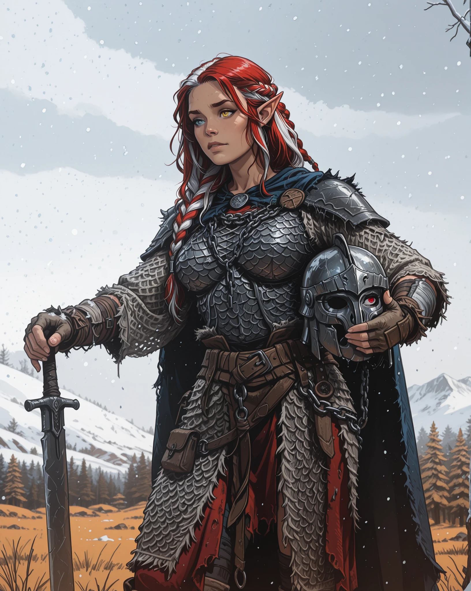 Generate a dungeons and dragons character; an older female fighter elf with white skin. She has multicolored hair: both white and red hair in a braid. She has heterochromia: one eye is blue and the other eye is yellow. She is wearing loose Roman chain-mail and an empty helmet with wings with no face in it. The helmet is empty. The background is a snowy forest. Make it a portrait., Semi-realistic style.
