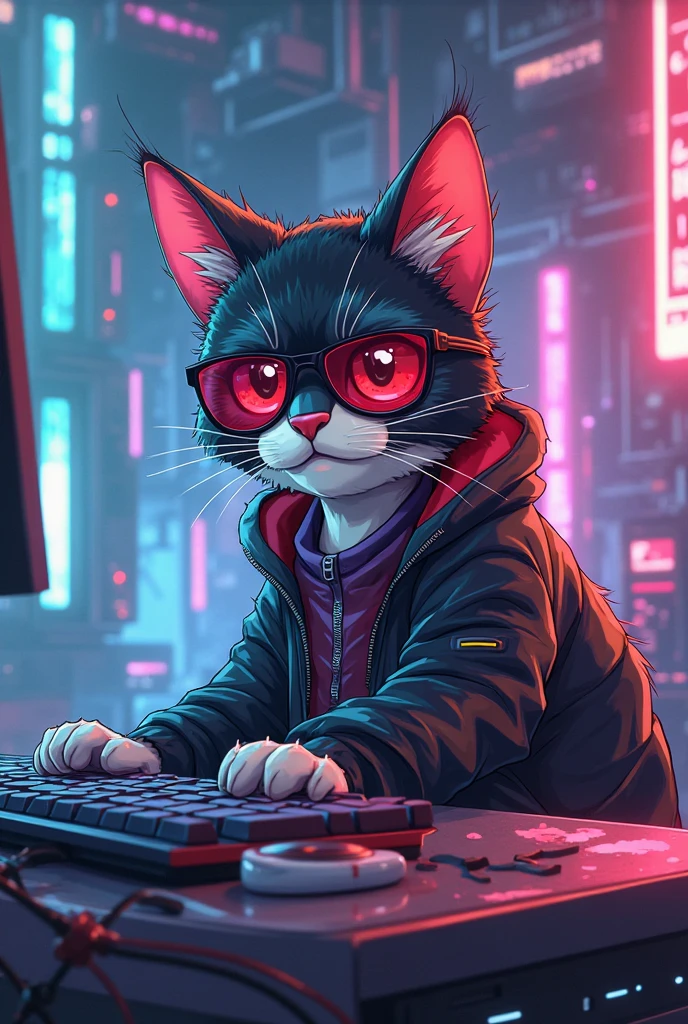 by kenket, by totesfleisch8, (by thebigslick, by silverfox5213:0.8), (by syuro:0.2), (by qupostuv35:1.2), (hi res), ((masterpiece)), ((best quality)), illustration, furry, cat, animal ears, body fur, 1boy, solo, brown hair, *//*, orange eye, *//*, looking at viewer, smile, cat boy, ((solo)), (((superbolinha2))), young adult, room and city, (((night, RGB lights, warm colors, lofi))), ((room with computers)), screen lights, toned body, choker, chill pose, hoodie and jeans, tomboy clothes, femboy clothes, lofi 8bits, furry anthropomorphic wolf, furry wolf nose, ((light-grey fur)), <lora:SuperBolinha2_24_08_2023V2_STEPS200:1>