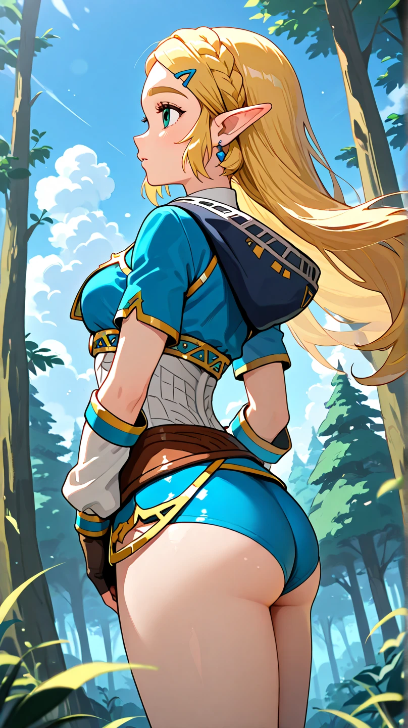 "An exquisite masterpiece with the best quality showcasing Princess Zelda from The Legend of Zelda: Breath of the Wild. Solo portrait of 1girl with black pants and a generously proportioned chest. Nintendo-inspired brilliance, the setting is in a bright forest, shot from behind."