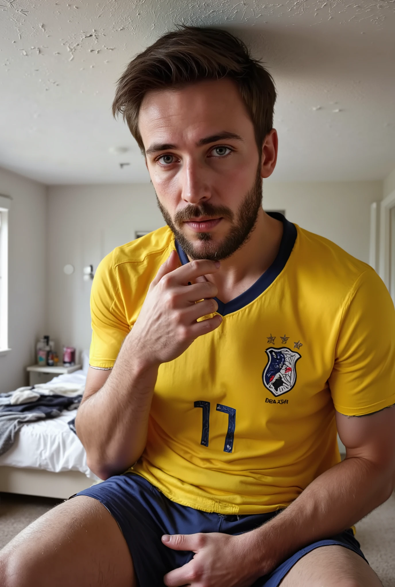 man , Sensual, high, moreno, athletic, lean body, very skinny body, skinny defined jaw, Straight Nose, penetrating blue eyes , short brown hair , Looks like it's Chris Evans , well-groomed beard , mature and airy face , full body , realistic image , High resolution , Ultra HD, wearing gym shorts , pes nus. he is facing away, hands resting on the parapet , looking at the viewer. Bedroom morning sunrise background, head against the ceiling, macro perspective, hand touching the ceiling, crack ceilling
High quality, Ultra HD, Hyper-realism, front view, penis focus big, very low angle , wearing yellow french soccer jersey fullbody , one hand on bulge, pressing bulge one hand pressing his nipples , gigagts, giant size, cramped, head against the ceiling , macro perspective, hand touching genital bulge, torn clothes giant-sized men crawling through a confined hallway, wide-angle perspective emphasizing her giant size, crawling