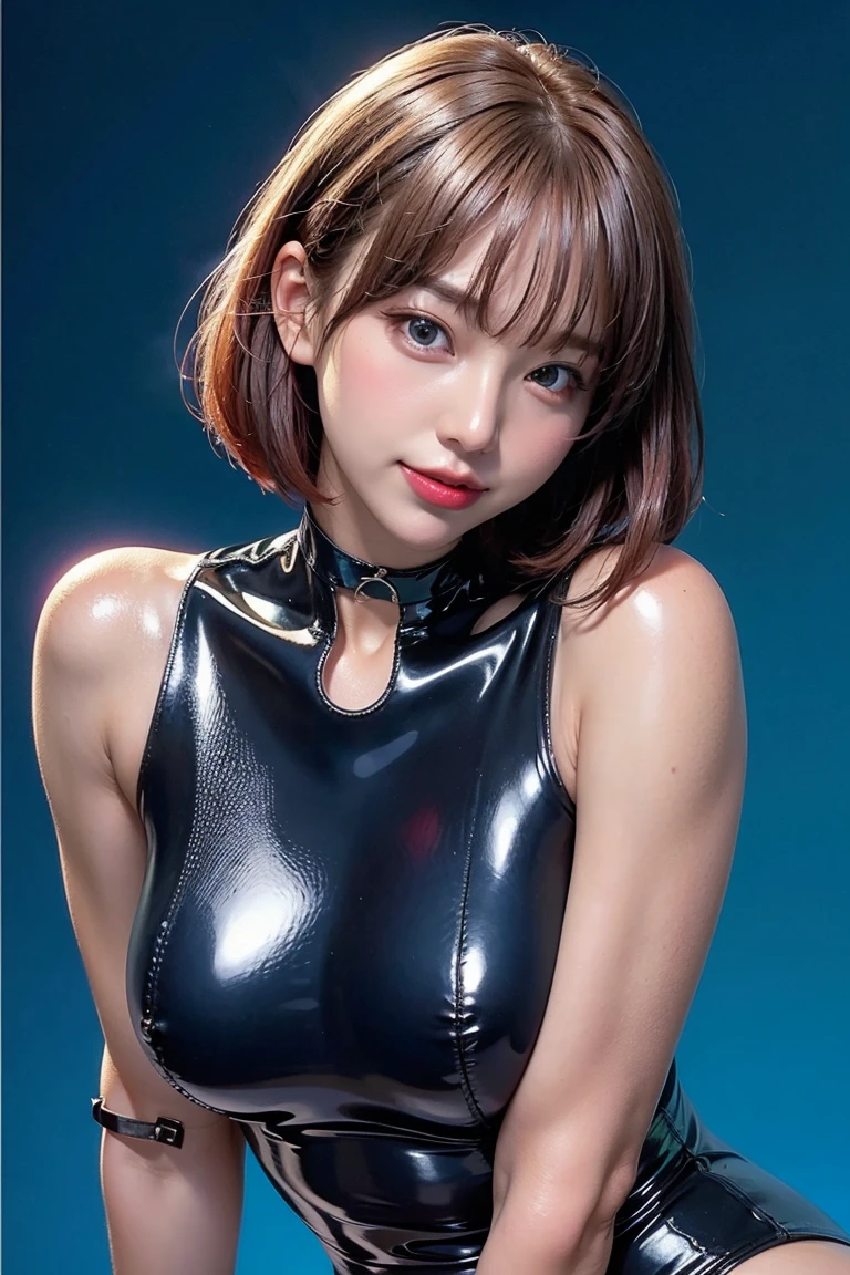 (​masterpiece,top-quality,超A high resolution),A Japanese Lady, (((Very beautiful 12 year old girl))), Kawaii Girl、View photographer､Front view,  ((Shorthair)), hyper cute face, Glossy lips, Double eyelids in both eyes,Smiling smile、 Natural makeup, long eyelashes, Glossy and smooth hair quality､central image,  Perfect limbs, Perfect Anatomy,(((Dark blue sexy silk cyberpunk suit)))、((1 Mechanical Girl))(((wet the whole body with water)))(((Suit々torn)))