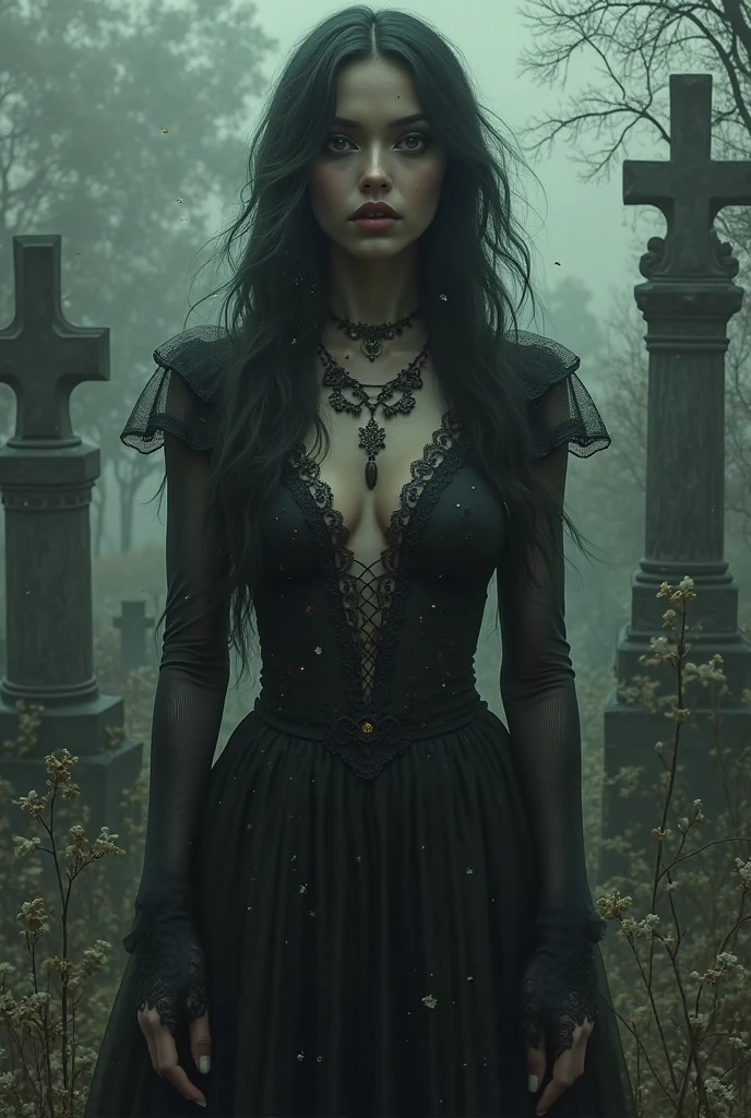 Create the (((wide-shot, full-body))) of a gothic scene, black atmosphere only illuminated by the moonlight, beautiful woman, very detailed long black hair that covers his divine and perfect body, detailed light skin and smooth porcelain, wears black clothing rich in details and details, a long black veil falls from her hair, (beautiful high detailed eyes are covered by a short lace veil), a black lace choker wraps her long and thin neck, (((her magnificent body is slender and tapered))), (((she sits under a tree skinny and leafless))), (((holds a candle that throws its delicate glow all over the girl's body))), (her beautiful legs covered in black lace stockings), at her feet shiny black boots, on the ((dark background you can see the dilapidated entrance of a cemetery)). Crows on the dead branches of trees, What is presented to others, gothic art style, Ultra-realistic realism, Psychedelic surrealist art, Surreal psychedelic design, Dreaming style, psychedelic art, Quality Quantity, skin texture, intricate details, (cinematic graphic lighting), RAW, 8K,
