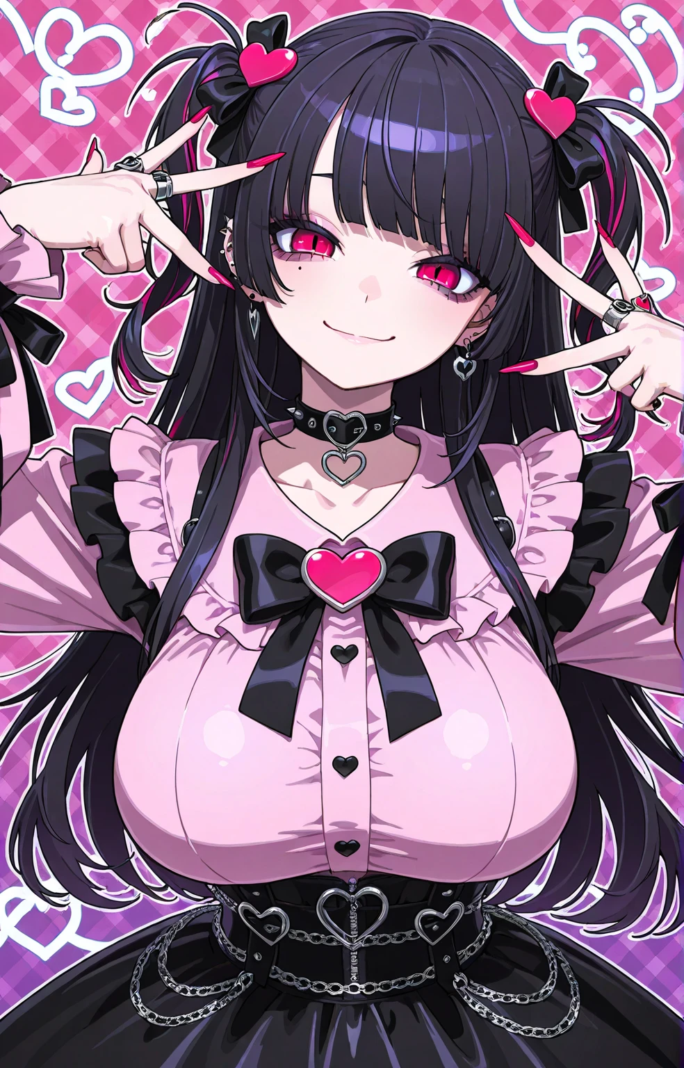female\((cute,eye patch\(very cute, gothic fashion,heart mark\):1.3),age of 12,skin\(white,pale,smooth,silky,shiny\),eyes\(beautiful,many star-shaped highlights\),wearing makeup\(pink\),(evil smile:1.3),open mouth,sharp teeth,long tongue,hair\(pink,twintails,floating,rolled,detailed,shiny\),hairclip\(heart\),costume\(pink colored gothic ta\),eye corners\(pink:1.3\),(narrow eyes),very cute pose,(breast:1.3),open cleavage, cute hand sign\), BREAK ,background\(harajyuku\(tokyo,japan\),at night,cute,fancy,dark\), BREAK ,quality\(8k,wallpaper of extremely detailed CG unit, masterpiece,hight resolution,top-quality,top-quality real texture skin,hyper realisitic,increase the resolution,RAW photos,best qualtiy,highly detailed,the wallpaper,cinematic lighting,ray trace,golden ratio\),(dynamic angle),(close up of face:1.3),looking down at viewer,from below,better hands