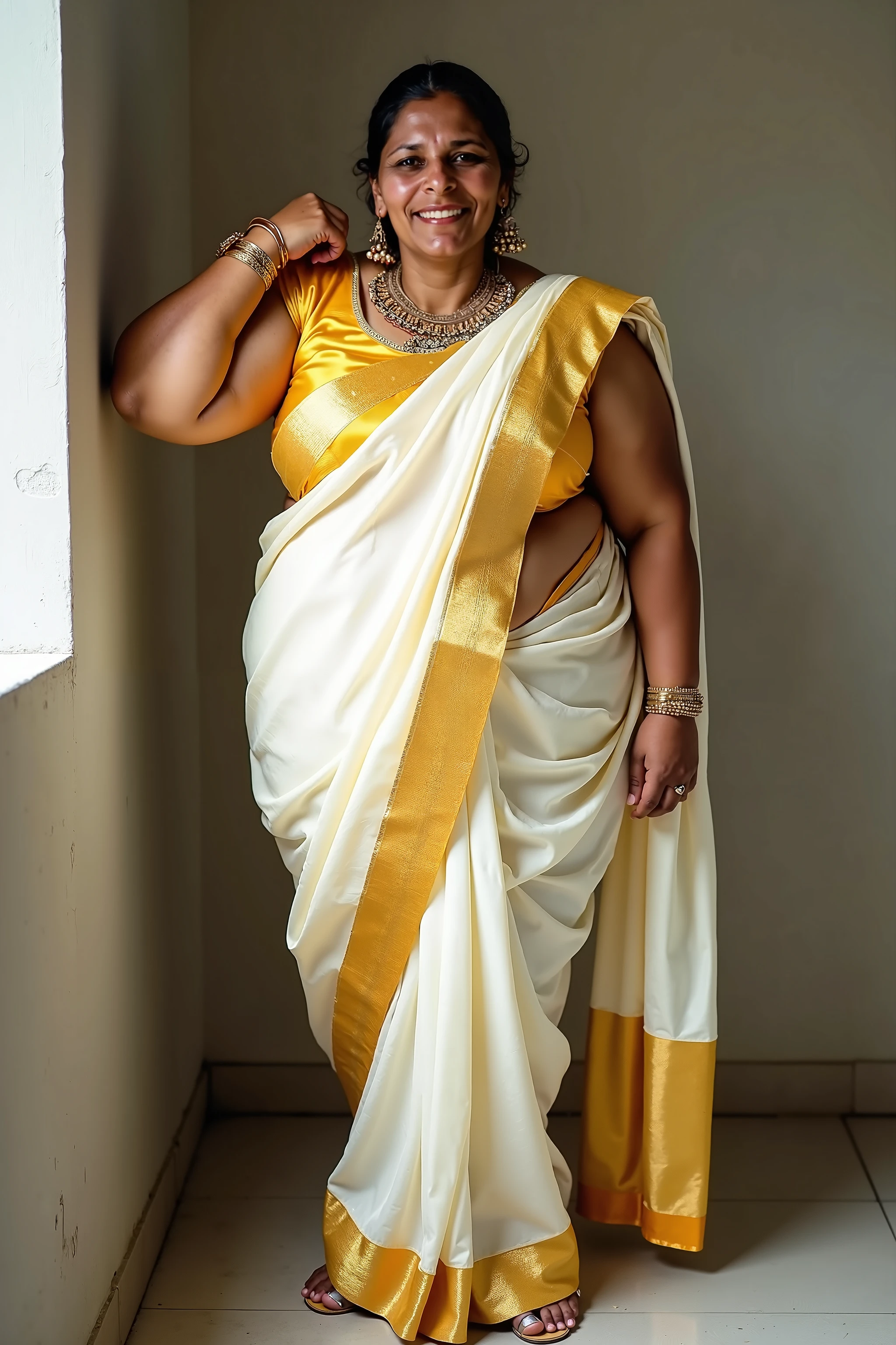 Indian chubby curvy female aged 30 wearing mohiniyattam dance costume in kerala traditional home. Realistic image