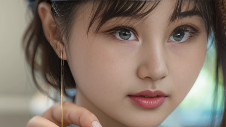 masterpiece, best quality, Girl wearing green tank top,Facing the camera,Hair bangs,Flowing hair,8 year-old,Sweet girl,a girl,Exquisite facial features,
