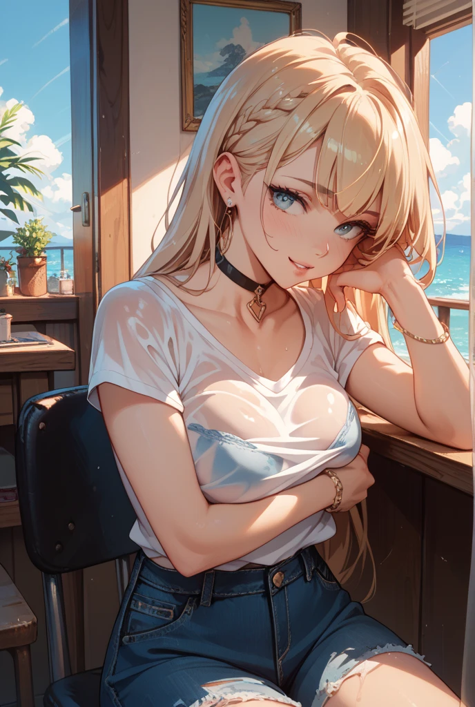 1 woman, blonde, off shoulder camisole top, high waist mini shorts, on a seat, indoor, facing viewer, sitting pose, close up,