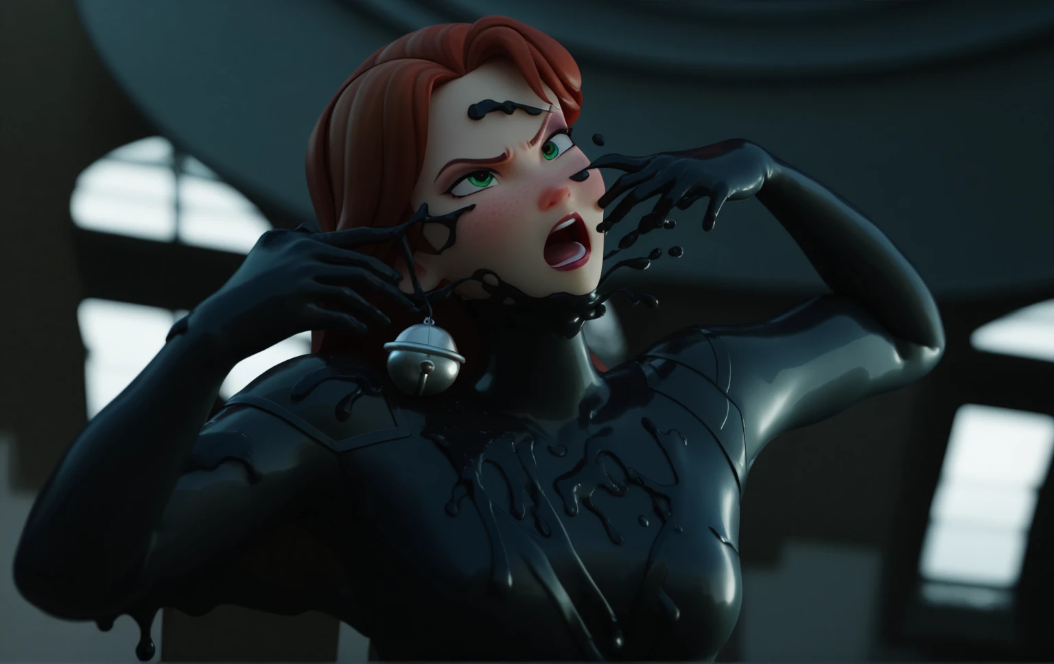 Close-up of a girl in a black leotard、Black shiny latex suit, Saiyan Girl, wonderful, Nano Girl, Female body type, Inspired by Hiromu Arakawa, Anime Manga Robot!! Anime Girls, Fubuki, Full Body Suit, by Hiromu Arakawa, , wonderful, silk, Beautiful and attractive anime teen, Anime Girls of the future, tears,Drooling,Pee,Sweat,Tongue out,incontinence,Peeing,Mouth open and tongue out,Estrus,Eyes wide open,Estrus,Blushing,Nipples are erect,Face is hot,Lust、Mouth wide open and tongue sticking out、Red face print on upper face and chin、incontinenceして股間が濡れています