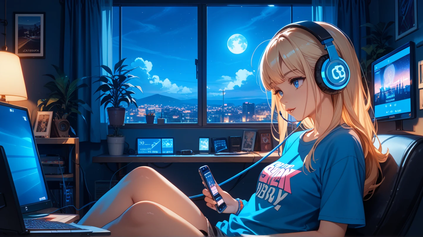 Beautiful girl studying while listening to music with headphones in her room at night You can see the night view outside the window. warm atmosphere Japanese anime style