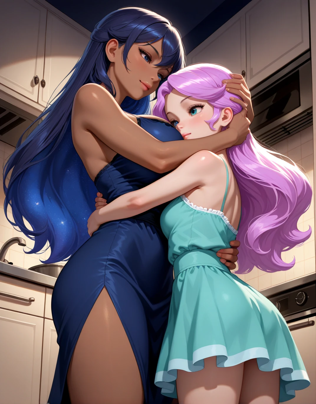 waifu, by rubio, blue eyes, pink dress, diamond tiara, small breasts, big ass, a very black african american man fucking her