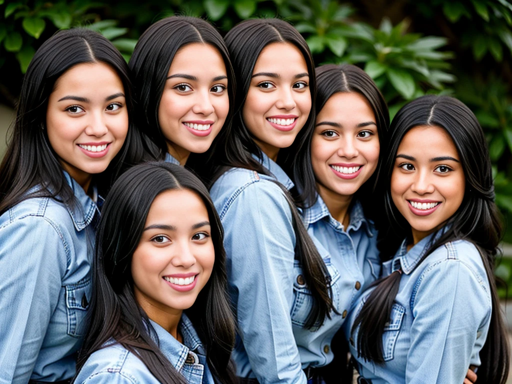 Woman with long curly black hair smiling, surrounded by friends and collaborators in a harmonious environment.)