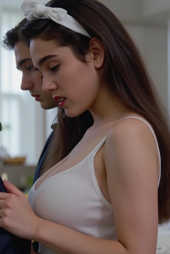 A white brunette lies on top of a man, small boobs, no clothes