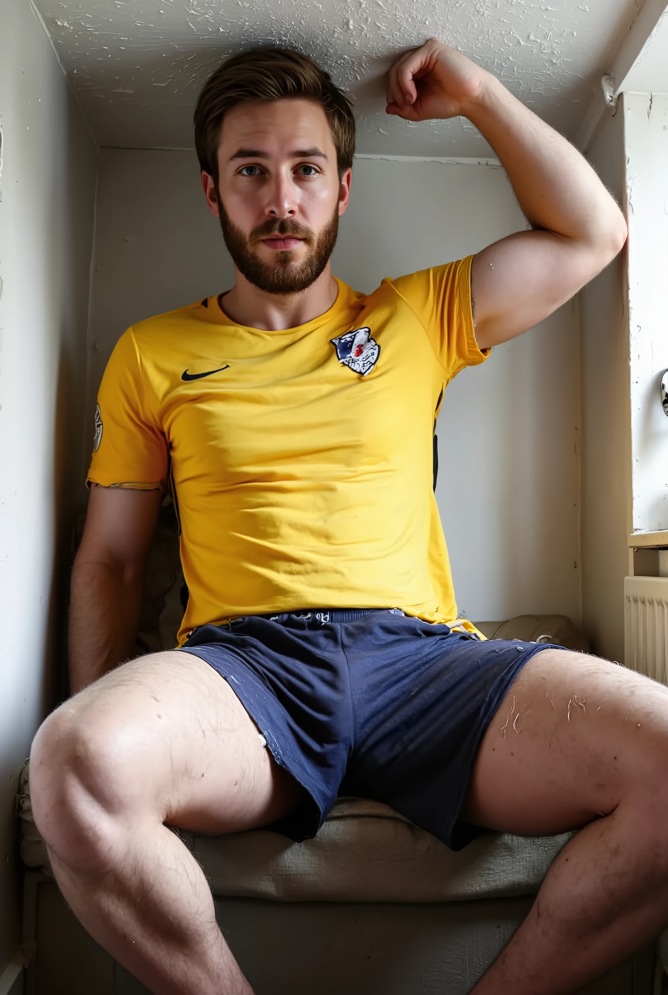 man , Sensual, high, moreno, athletic, lean body, very skinny body, skinny defined jaw, Straight Nose, penetrating blue eyes , short brown hair , Looks like it's Chris Evans , well-groomed beard , mature and airy face , full body , realistic image , High resolution , Ultra HD, wearing gym shorts , pes nus. he is facing away, hands resting on the parapet , looking at the viewer. Bedroom morning sunrise background, head against the ceiling, macro perspective, hand touching the ceiling, crack ceilling
High quality, Ultra HD, Hyper-realism, front view, penis focus big, very low angle , wearing yellow french soccer jersey fullbody , one hand on bulge, pressing bulge one hand pressing his nipples , gigagts, giant size, cramped, head against the ceiling , macro perspective, hand touching genital bulge, torn clothes giant-sized men laying against the wall through a confined hallway, wide-angle perspective emphasizing her giant size, sitting, Feet_focus , pied nue , feet