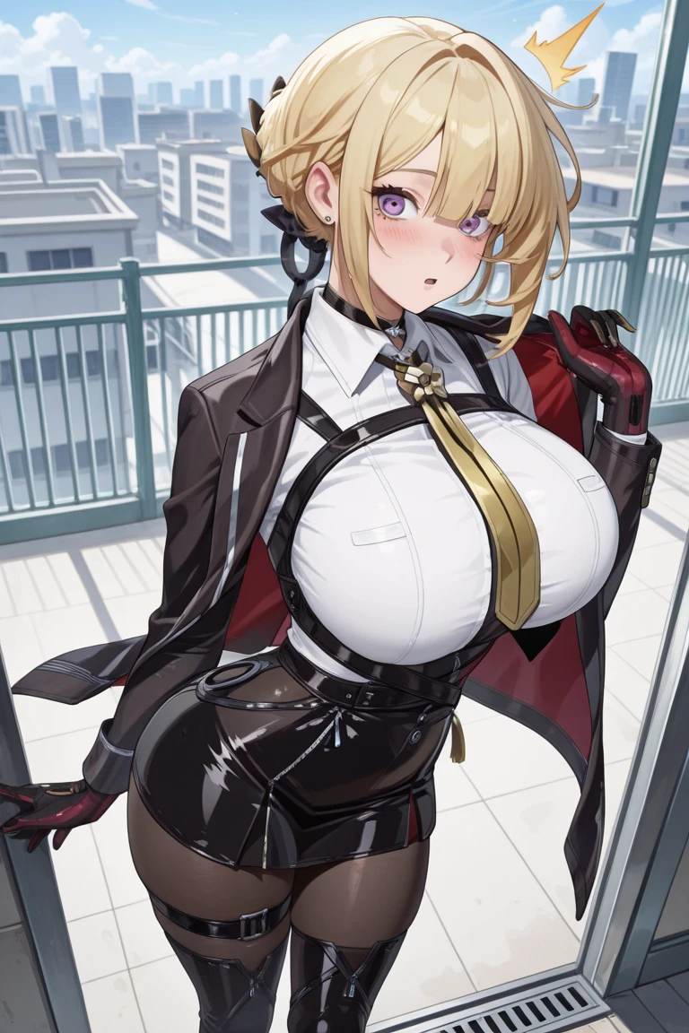 blonde hair, black colored dress, blue eyes, gigantic breasts, cleavage, bare legs, smiling,ultra-detailed(best quality,highres:1.2)