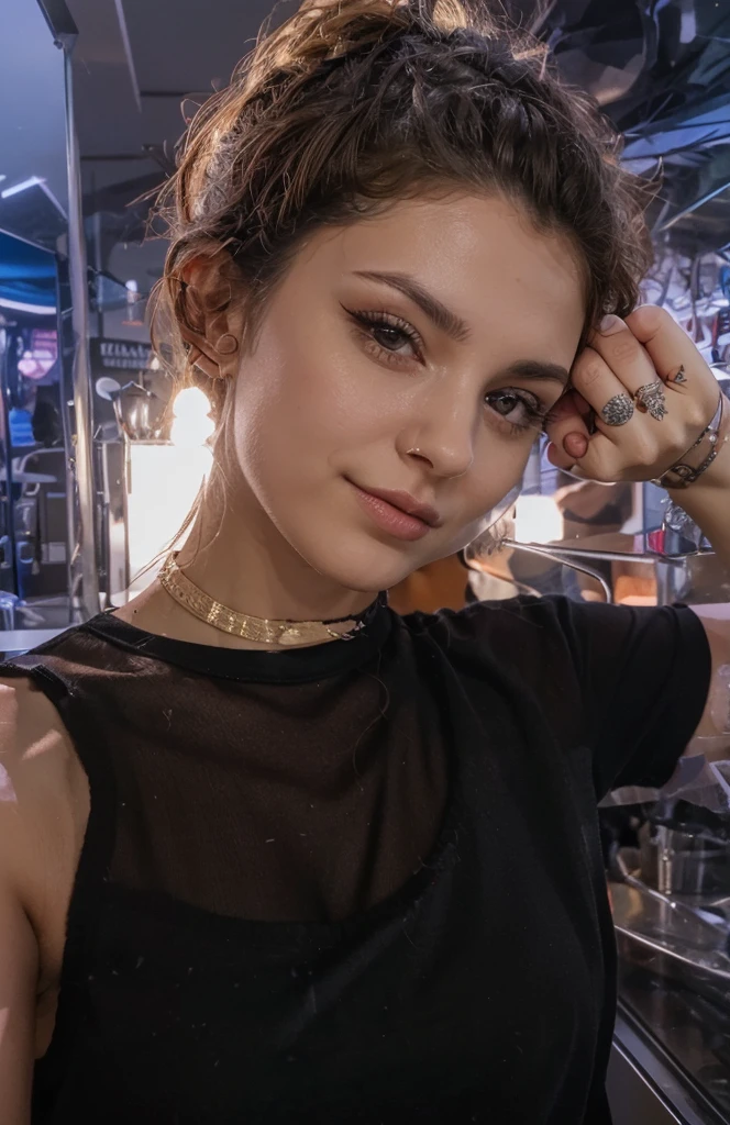 1girl, selfie, nsfw huge breasts, erin, a woman with a piercing on her nose, trending on tiktok, portlet photo, short curly hair, voluptuous and arousing, moroccan queens ny, punk outfit, kiss, dlss, sarcastic and friendly, muck, aenaluck, ((low light, soft color image)),realistic, close up, high details, young sexy, skin details, Ultra-realistic 8k CG,masterpiece, best quality,(photorealistic:1.4), HDR, Professional, lens flare, (film grain:1.1), Bokeh, ((Depth of field)), studio light, portrait,((bar background:1.2)), bladee from drain gang, grin, inspired by Anthony Angarola, black short curtain haircut, photo of young woman, kissing smile, femme, bad, worm round mouth, cigarette dangling, french bob, evil laugh, mix<lora:BearlySD:1>, <lora:rpg_v5:1>, <lora:hannah:0.6>