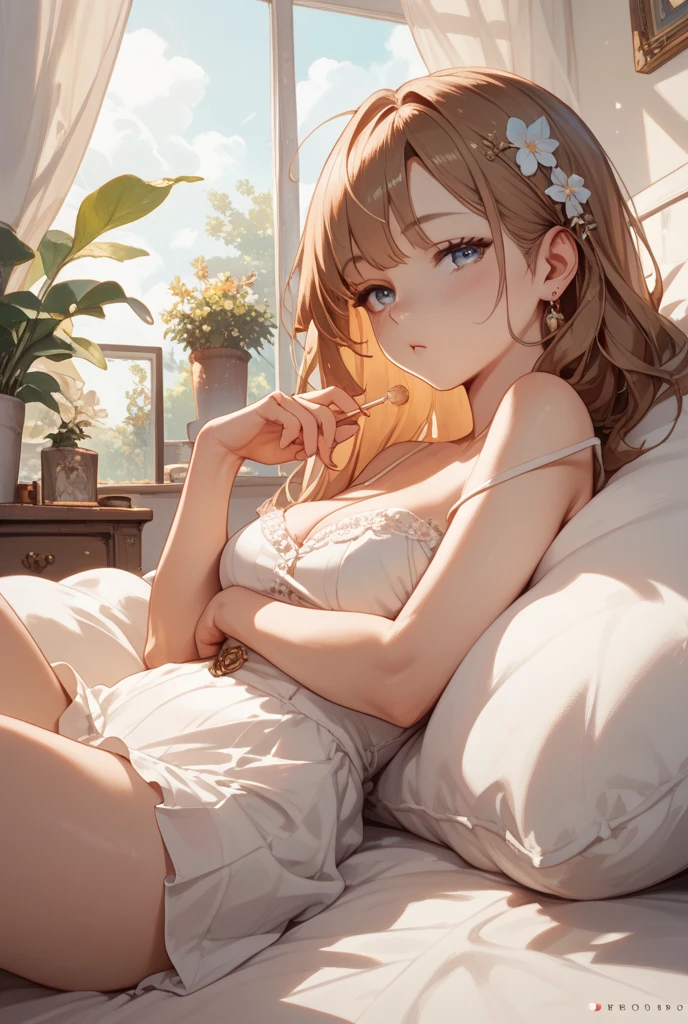 (Best Quality, Masterpiece, High Resolution 4k, Intricate Details), cover for ecchi manga, loli, looking suprised, flustered, multiple views, multiple angles, multiple girls, sitting, ponytail, flat chest, stunning, cute, legs spread, multiple poses, camisole, full body