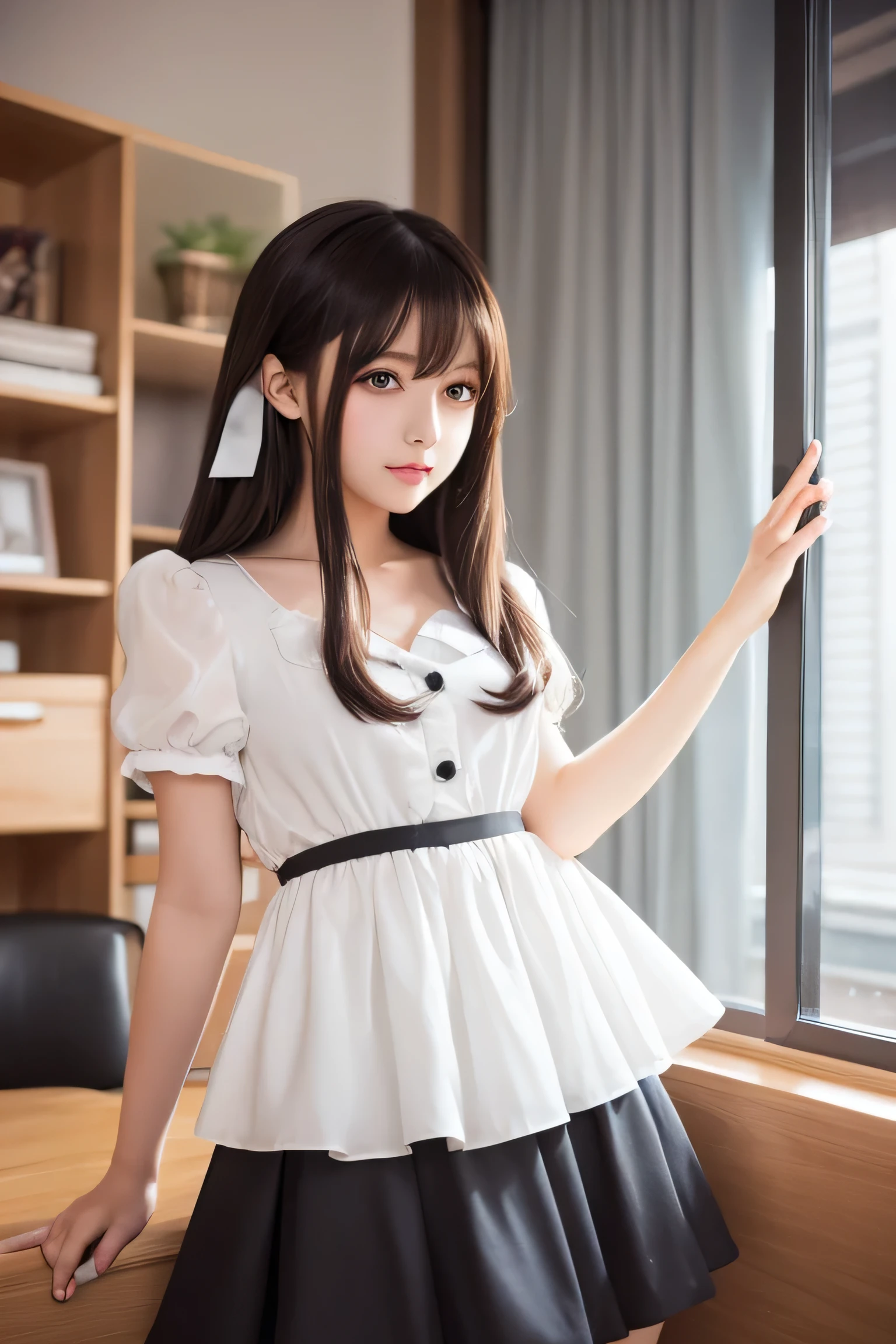 ((((Highest quality, High resolution)))), Extremely detailed 8K, Beautiful girl with slim body, (Ultra HD, Very detailed, Very detailed, Very realistic, Ultra-realistic, Photo Real), (One girl:1.5), Long Hair、Twin tails、Brown eyes, (Medium Breast: 1.2), (Beautifully detailed face, Beautiful attention to detail), (Sheer blouse:1.4),(Cleavage)、(Light of the sun, sunlight)，(slender:1.5),(Light clothing:1.6),(Open chest)、(Idol face:1.7),(Beautiful eyes)、(Beautiful face)、(Toned body:1.5),(masterpiece:1.8),Blushing、Beautiful Skin、Moist eyes、Embarrassed expression、Baby Face、Big Eyes、smile、(Slim and beautiful legs:1.4),(mini skirt:1.4),(Panty shot:1.4),(squat)、